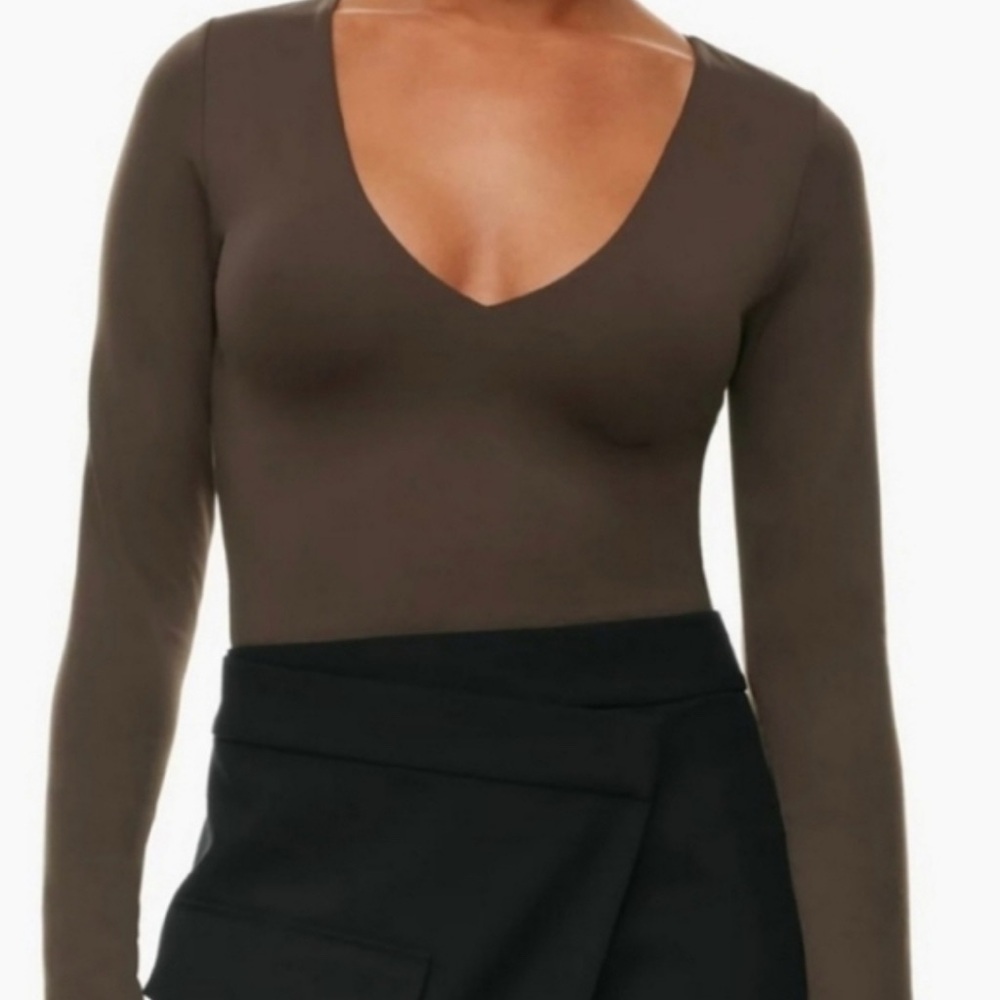 Aritzia Deep V-Neck Chocolate Long Sleeve Top